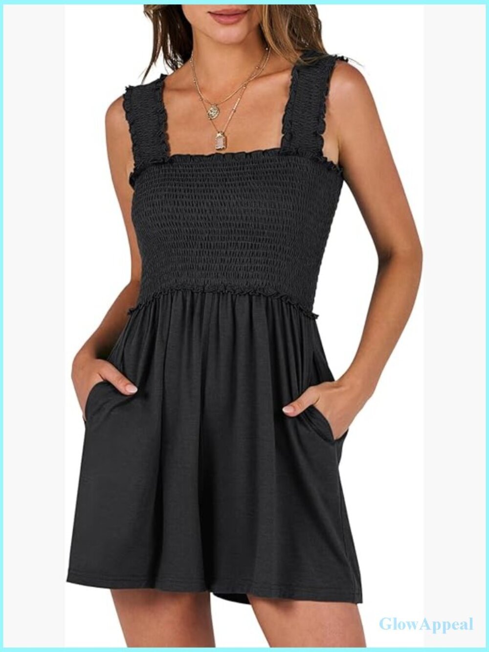 Summer Smocked Romper Square Neck Sleeveless Loose Shorts Jumpsuit